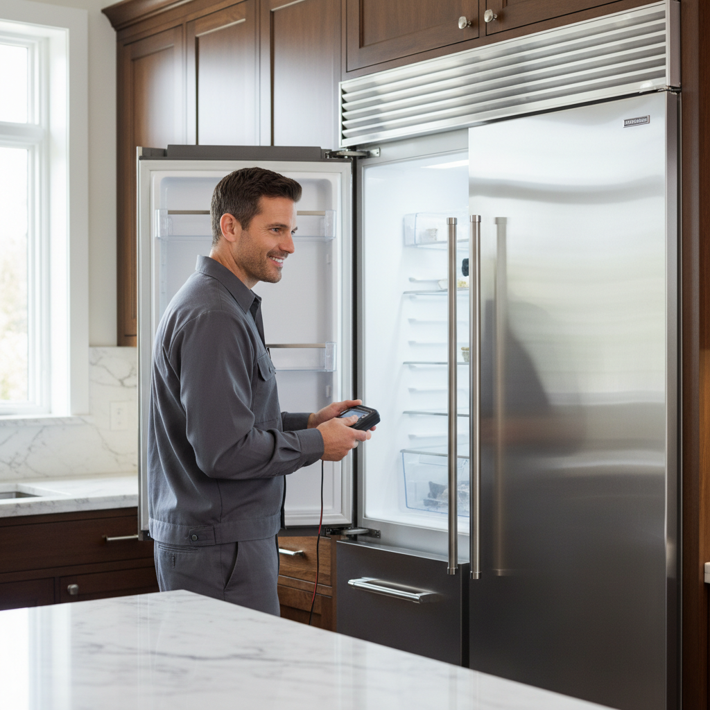 Professional appliance technician inspecting built-in refrigerator
